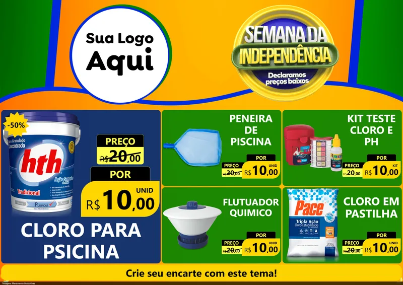 Modelo de Encarte para Encarte A4 Horizontal com o tema Semana da Independência Declaramos Preços Baixos para Produtos para Piscina