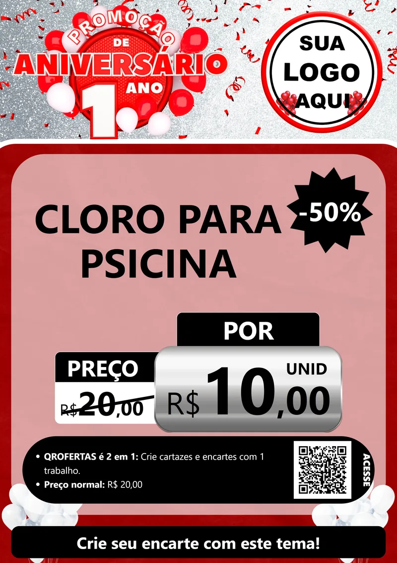 Modelo de Cartaz para Cartaz A4 Vertical com o tema Promoção de Aniversário - 1 Ano para Produtos para Piscina