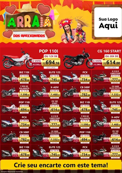 Modelo de Encarte para Encarte A4 Vertical com o tema Arraiá Dos Apaixonados - Junina para Concessionaria de Motos