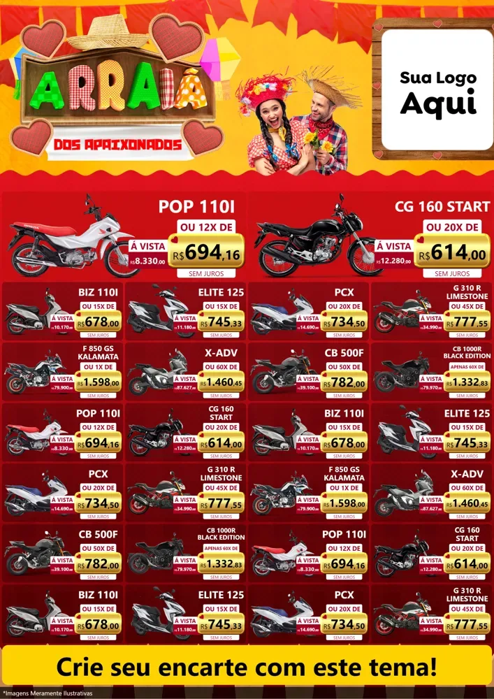 Modelo de Encarte para Encarte A4 Vertical com o tema Arraiá Dos Apaixonados - Junina para Concessionaria de Motos
