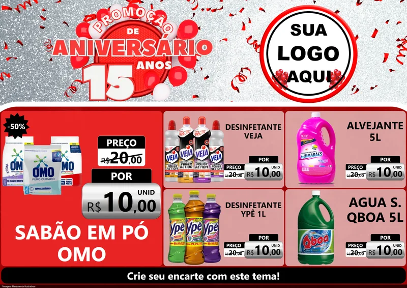 Modelo de Encarte para Encarte A4 Horizontal com o tema Promoção de Aniversário - 15 Anos para Produtos de Limpeza