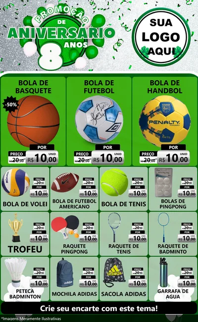 Modelo de Encarte para Encarte Grande com o tema Promoção de Aniversário - 8 Anos para Artigos Esportivos