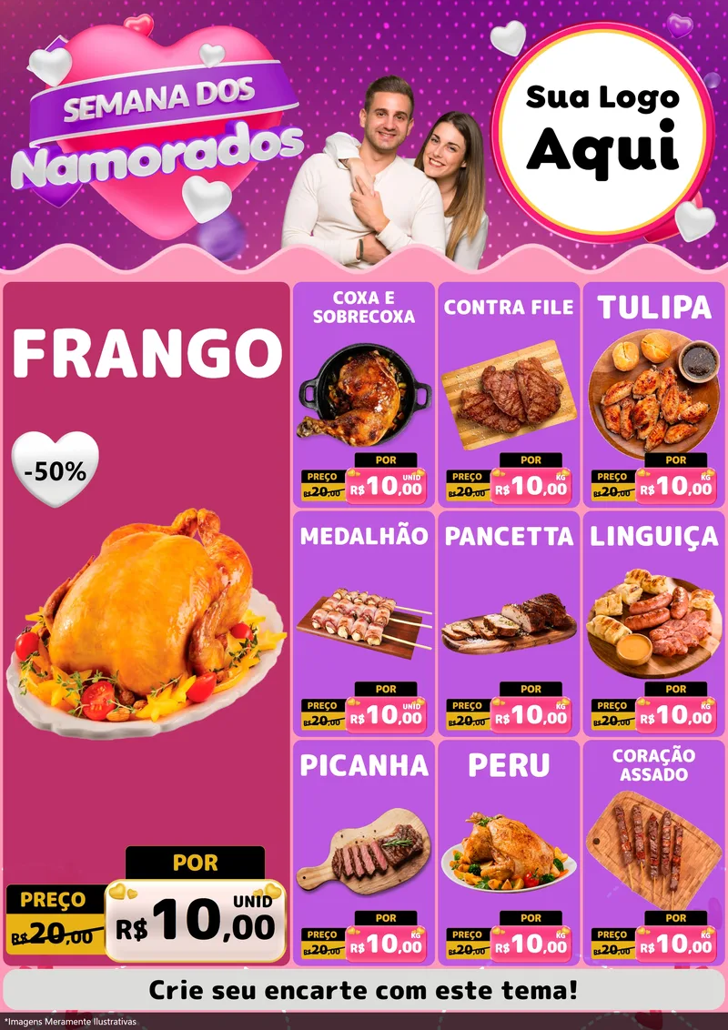 Modelo de Encarte para Encarte A4 Vertical com o tema Semana dos Namorados para Assados