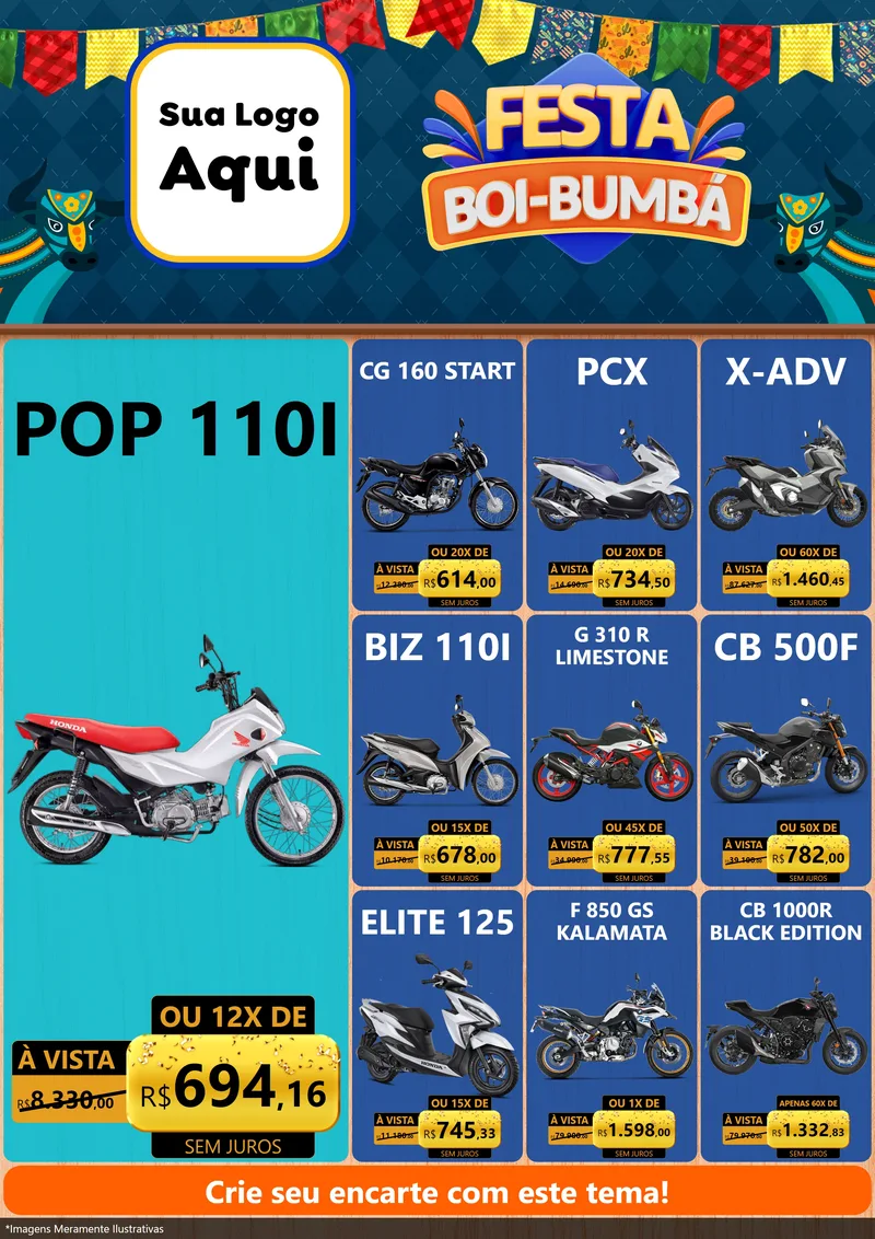 Modelo de Encarte para Encarte A4 Vertical com o tema Festa Boi Bumbá para Concessionaria de Motos