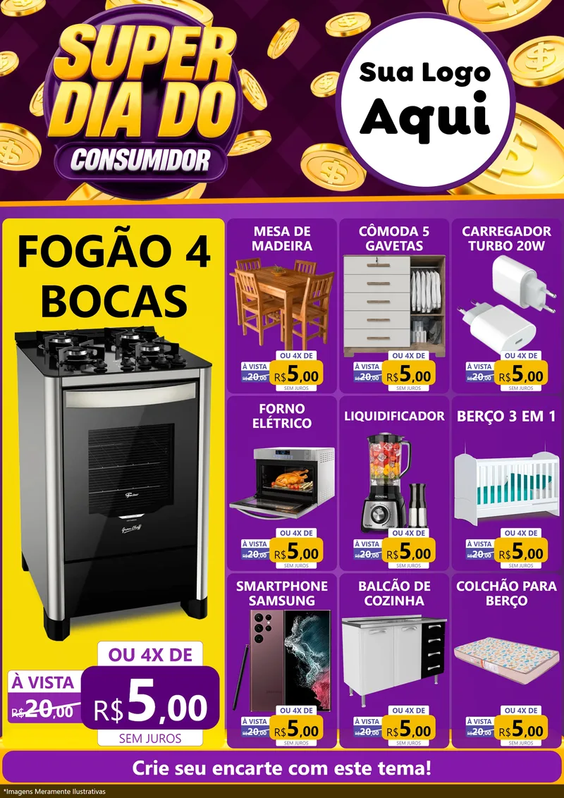 Modelo de Encarte para Encarte A4 Vertical com o tema Super Dia do Consumidor para Móveis e Eletro