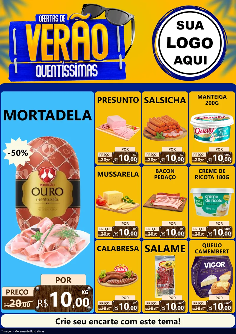 Modelo de Encarte para Encarte A4 Vertical com o tema Ofertas de Verão Quentíssimas para Frios e Laticínios