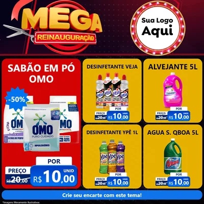 Modelo de Rede Social para Feed Facebook com o tema Mega Reinauguração para Produtos de Limpeza
