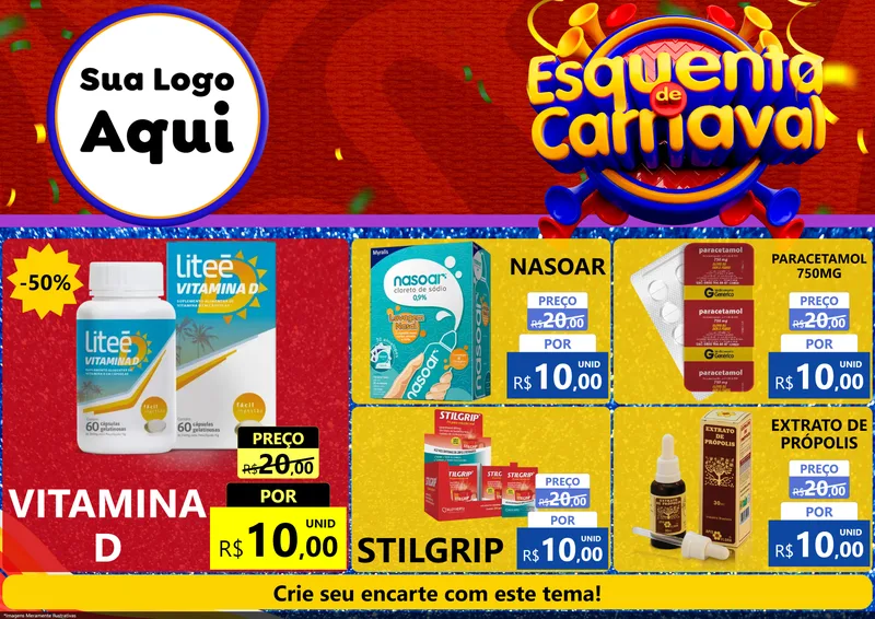 Modelo de Encarte para Encarte A4 Horizontal com o tema Esquenta de Carnaval para Farmácia