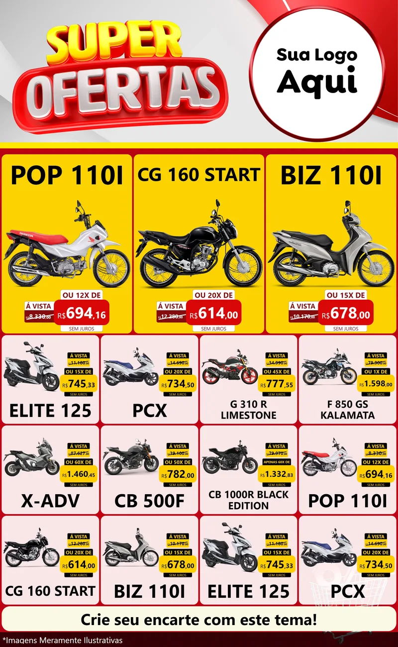 Modelo de Encarte para Encarte Grande com o tema Super Ofertas para Concessionaria de Motos