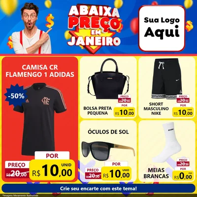 Modelo de Rede Social para Feed Facebook com o tema Abaixa Preço em Janeiro para Roupas e acessórios