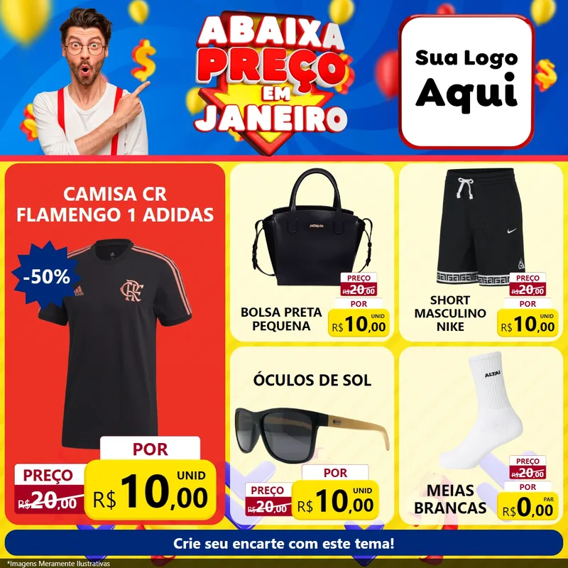 Modelo de Rede Social para Feed Facebook com o tema Abaixa Preço em Janeiro para Roupas e acessórios