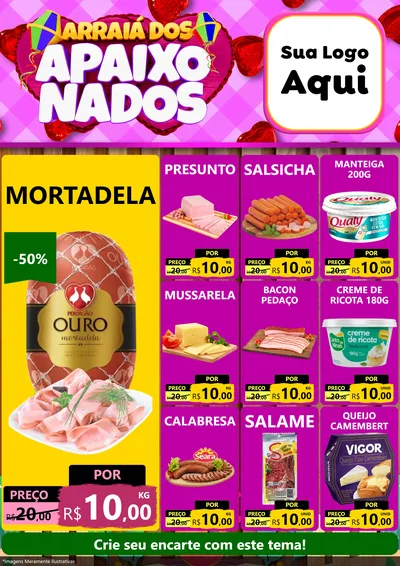 Modelo de Encarte para Encarte A4 Vertical com o tema Arraiá dos Apaixonados para Frios e Laticínios