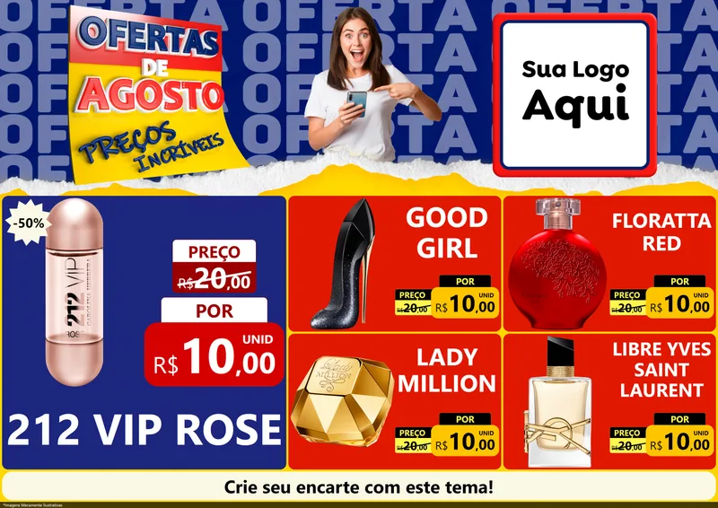 Modelo de Encarte para Encarte A4 Horizontal com o tema Ofertas de Agosto - Preços Incríveis para Perfumes