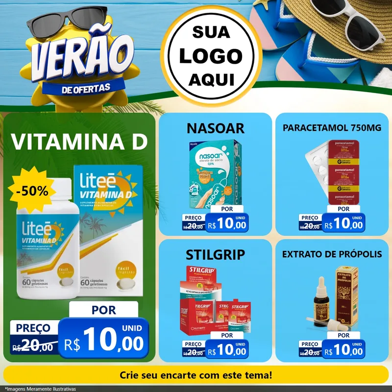 Modelo de Rede Social para Feed Facebook com o tema Verão de Ofertas para Farmácia