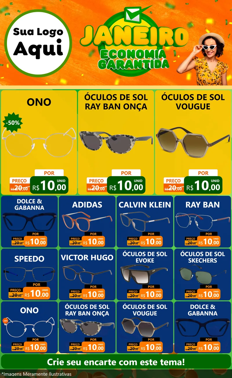 Modelo de Encarte para Encarte Grande com o tema Janeiro - Economia Garantida para Óticas