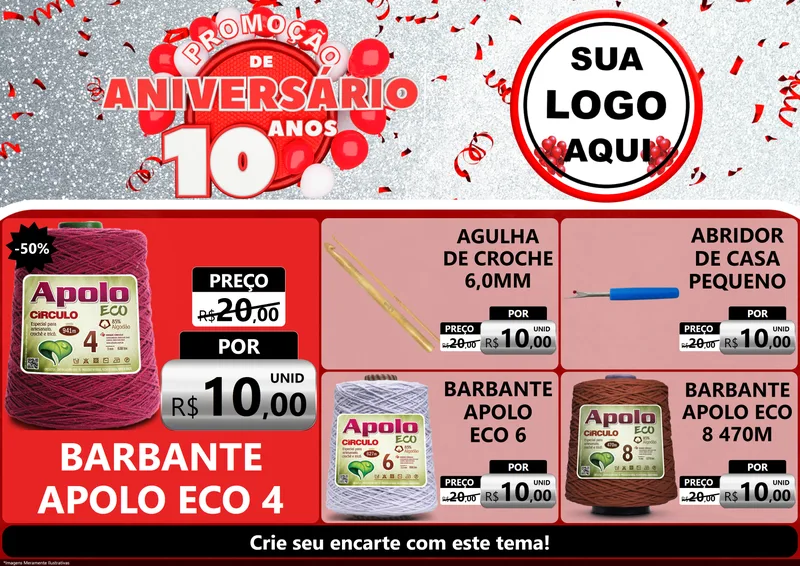 Modelo de Encarte para Encarte A4 Horizontal com o tema Promoção de Aniversário - 10 Anos para Armarinho e Aviamentos