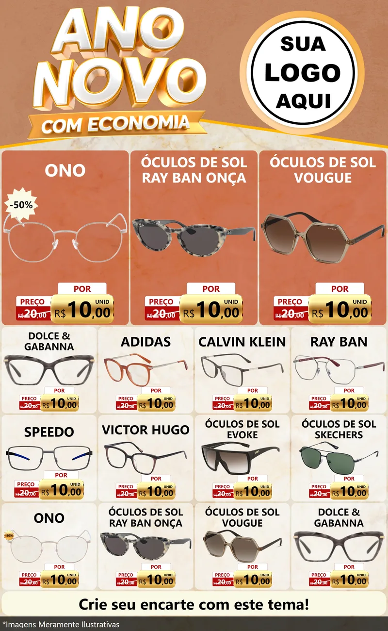 Modelo de Encarte para Encarte Grande com o tema Ano Novo Com Economia para Óticas