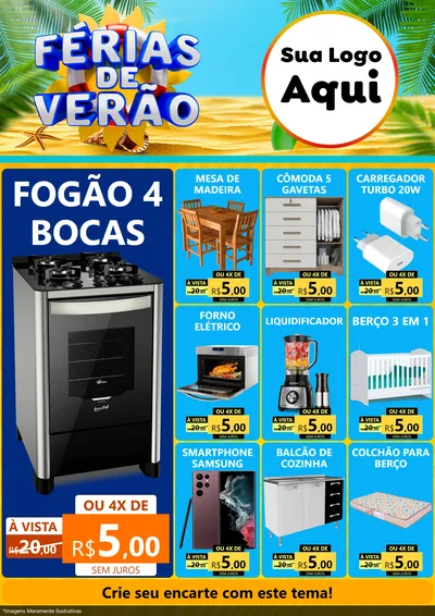 Modelo de Encarte para Encarte A4 Vertical com o tema Férias de Verão para Móveis e Eletro