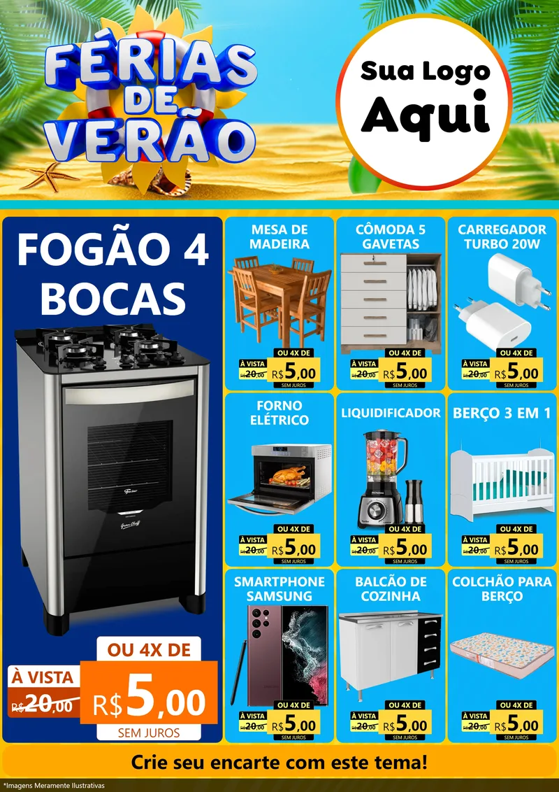 Modelo de Encarte para Encarte A4 Vertical com o tema Férias de Verão para Móveis e Eletro