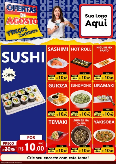Modelo de Encarte para Encarte A4 Vertical com o tema Ofertas de Agosto - Preços Incríveis para Comida japonesa