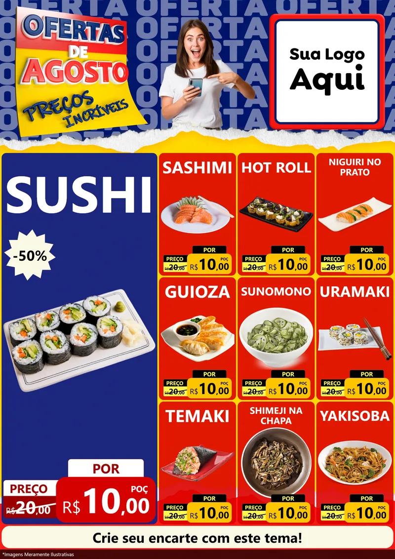 Modelo de Encarte para Encarte A4 Vertical com o tema Ofertas de Agosto - Preços Incríveis para Comida japonesa