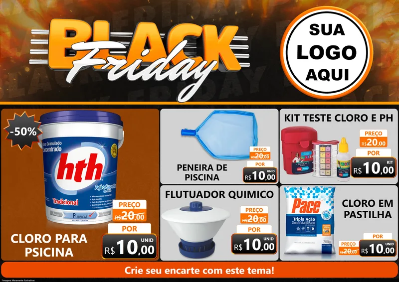 Modelo de Encarte para Encarte A4 Horizontal com o tema Black Friday para Produtos para Piscina