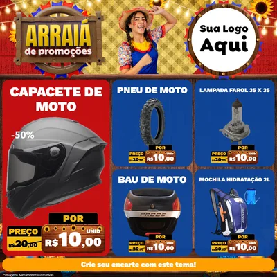 Modelo de Rede Social para Feed Facebook com o tema Arraiá de Promoções para Moto peças