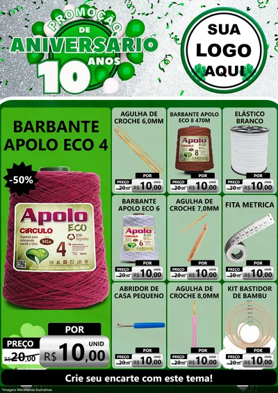 Modelo de Encarte para Encarte A4 Vertical com o tema Promoção de Aniversário - 10 Anos para Armarinho e Aviamentos