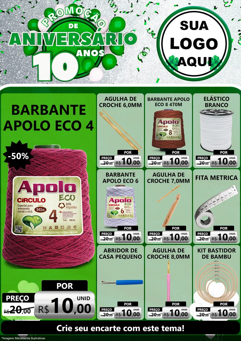 Modelo de Encarte para Encarte A4 Vertical com o tema Promoção de Aniversário - 10 Anos para Armarinho e Aviamentos
