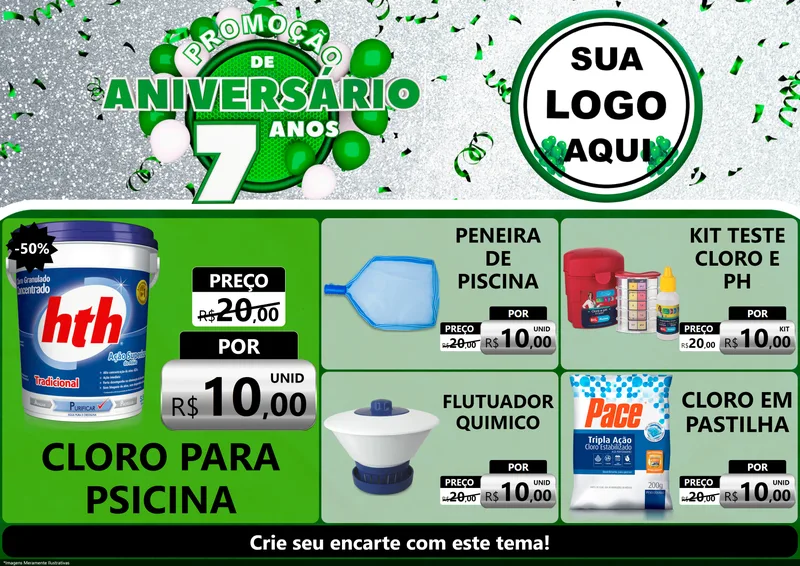 Modelo de Encarte para Encarte A4 Horizontal com o tema Promoção de Aniversário - 7 Anos para Produtos para Piscina