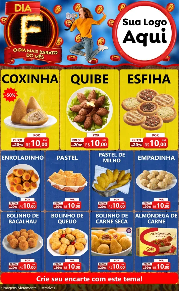 Modelo de Encarte para Encarte Grande com o tema Dia F - O Dia Mais Barato Do Mês para Salgadaria