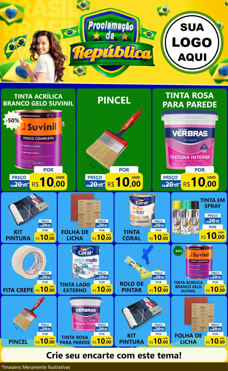 Modelo de Encarte para Encarte Grande com o tema Proclamação da República para Tintas e Ferramentas