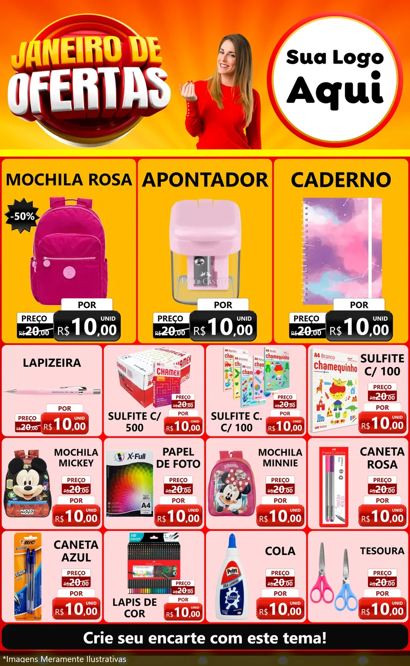 Modelo de Encarte para Encarte Grande com o tema Janeiro de Ofertas para Papelaria