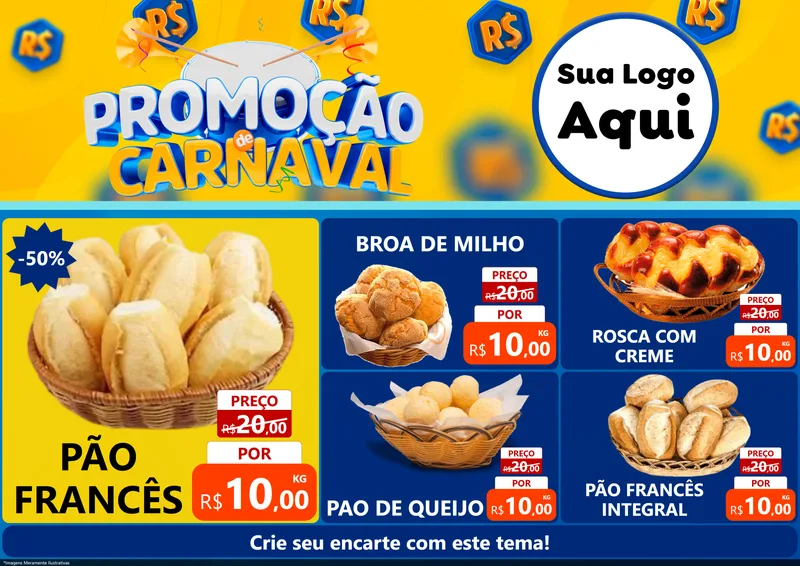 Modelo de Encarte para Encarte A4 Horizontal com o tema Promoção de Carnaval para Padaria