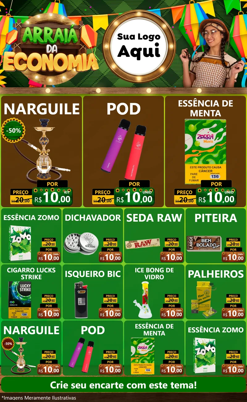 Modelo de Encarte para Encarte Grande com o tema Arraiá de Economia para Tabacaria