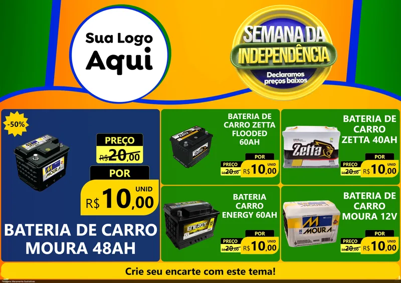 Modelo de Encarte para Encarte A4 Horizontal com o tema Semana da Independência Declaramos Preços Baixos para Baterias Elétricas