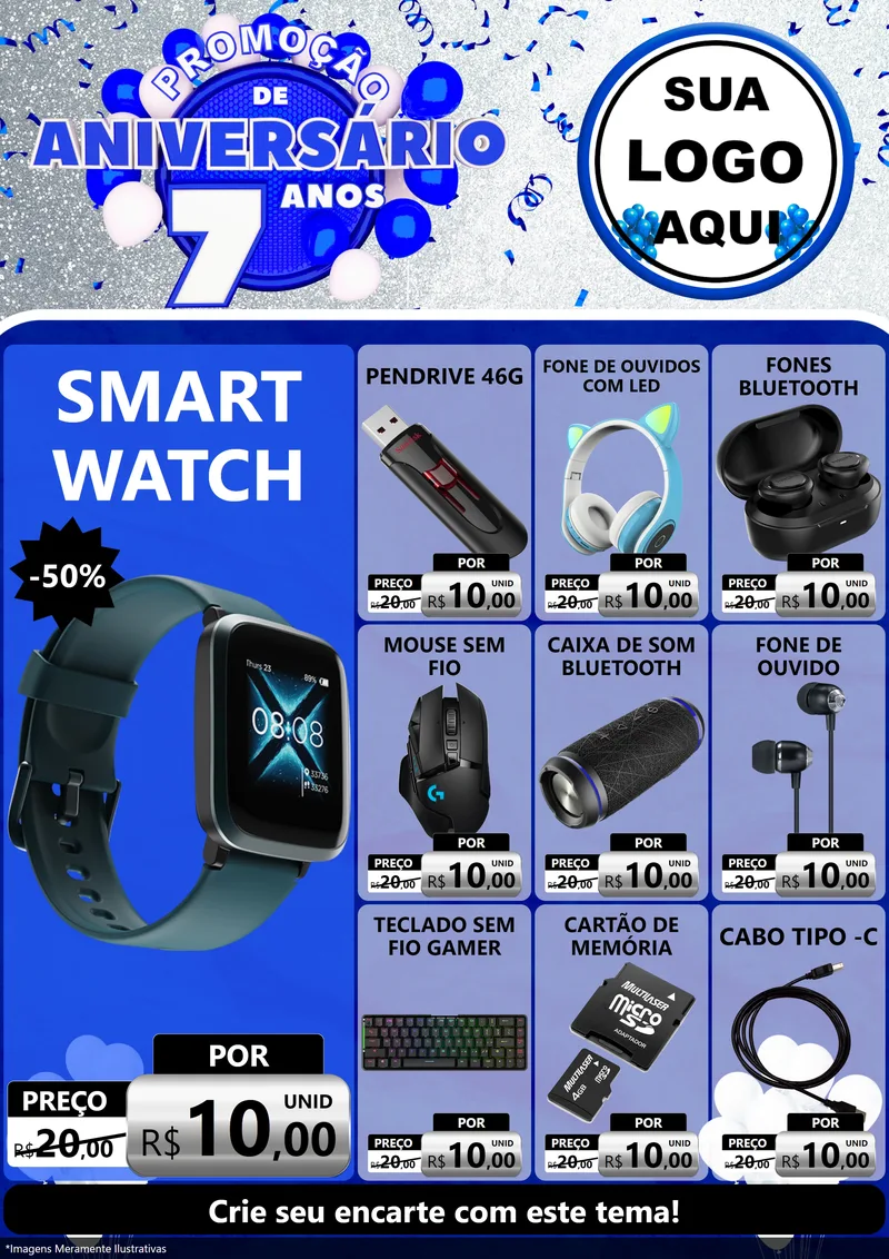 Modelo de Encarte para Encarte A4 Vertical com o tema Promoção de Aniversário - 7 Anos para Informática