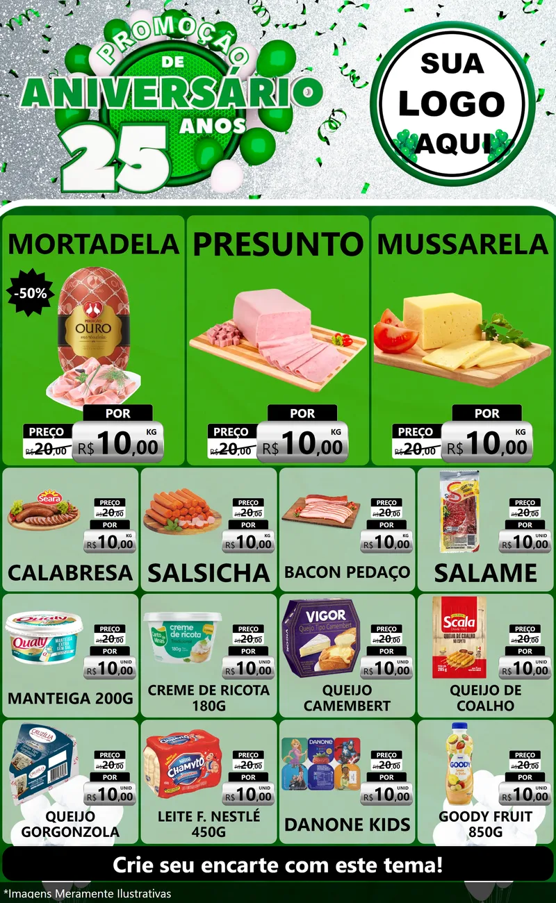Modelo de Encarte para Encarte Grande com o tema Promoção de Aniversário - 25 Anos para Frios e Laticínios