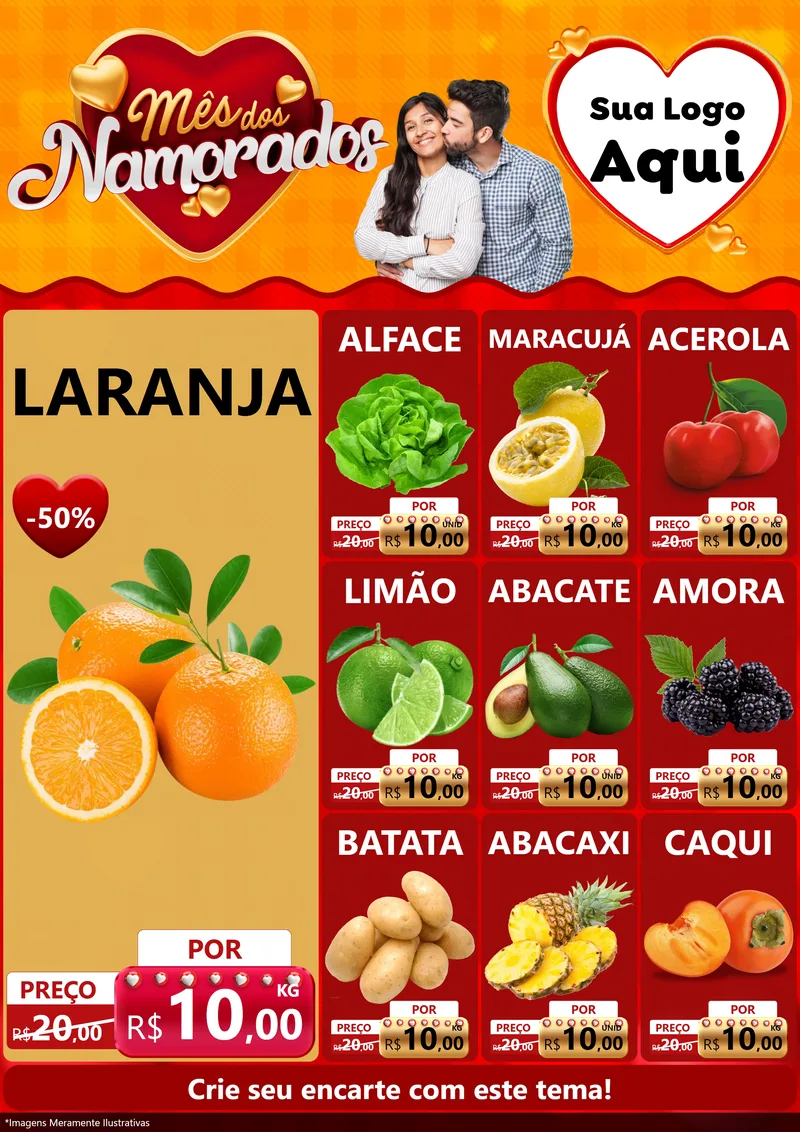 Modelo de Encarte para Encarte A4 Vertical com o tema Mês dos Namorados para Hortifrúti