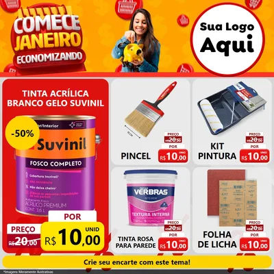 Modelo de Rede Social para Feed Facebook com o tema Comece Janeiro Economizando para Tintas e Ferramentas