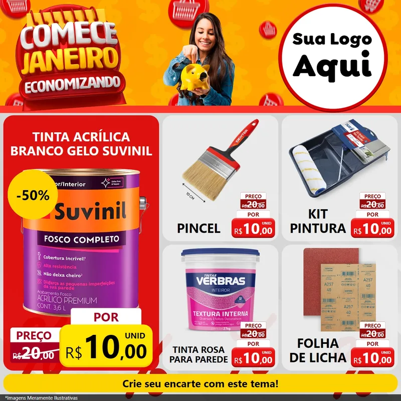 Modelo de Rede Social para Feed Facebook com o tema Comece Janeiro Economizando para Tintas e Ferramentas