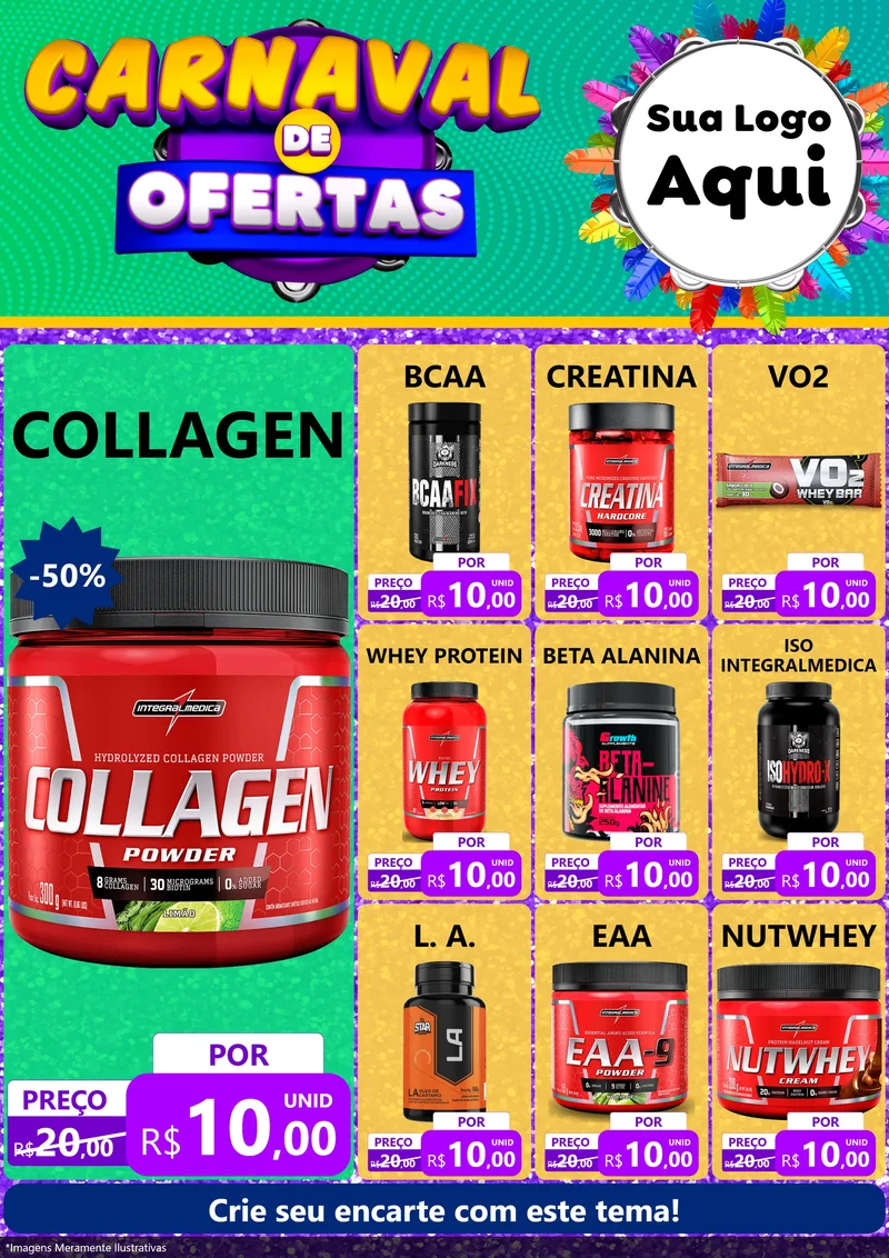 Modelo de Encarte para Encarte A4 Vertical com o tema Carnaval de Ofertas para Suplementos alimentares