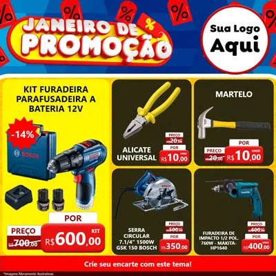 Modelo de Rede Social para Feed Facebook com o tema Janeiro de Promoção para Maquinas e Ferramentas