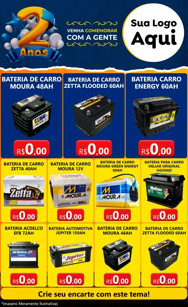 Modelo de Encarte para Encarte Grande com o tema Aniversário de 2 anos para Baterias Elétricas