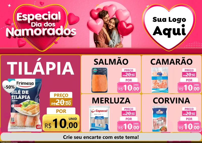 Modelo de Encarte para Encarte A4 Horizontal com o tema Especial Dia dos Namorados para Peixaria