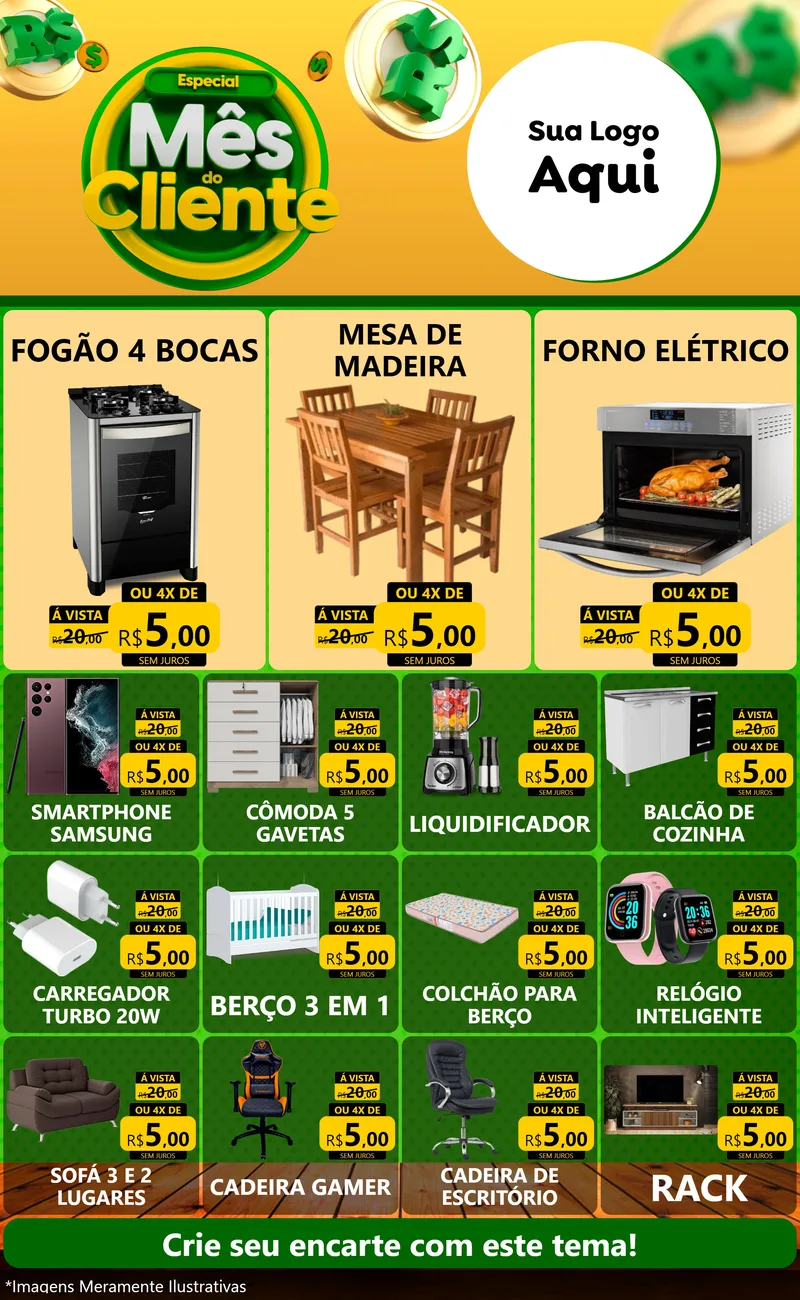 Modelo de Encarte para Encarte Grande com o tema Especial Mês do Cliente para Móveis e Eletro