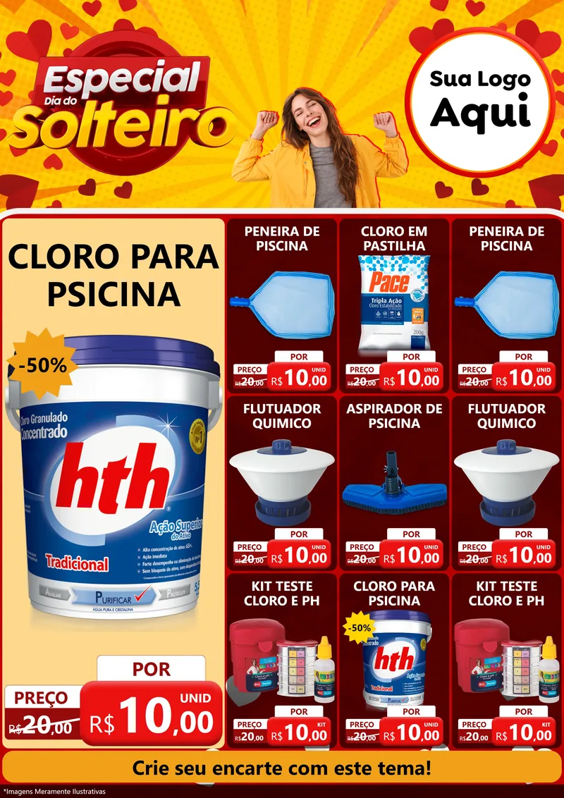 Modelo de Encarte para Encarte A4 Vertical com o tema Especial Dia do Solteiro para Produtos para Piscina