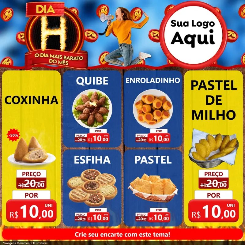 Modelo de Rede Social para Feed Facebook com o tema Dia H - O Dia Mais Barato Do Mês para Salgadaria