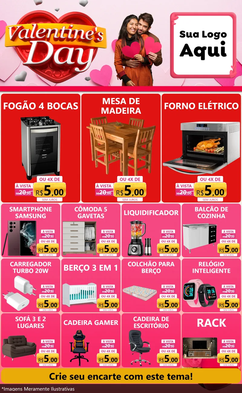 Modelo de Encarte para Encarte Grande com o tema Valentine's Day para Móveis e Eletro