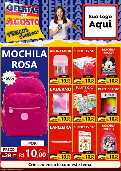 Modelo de Encarte para Encarte A4 Vertical com o tema Ofertas de Agosto - Preços Incríveis para Papelaria
